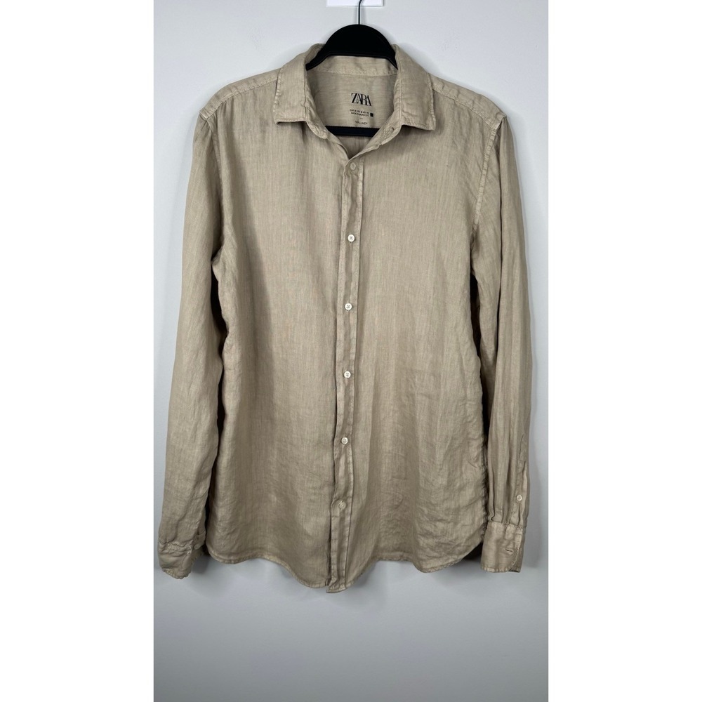 Zara Mens M 100% Linen Button Up Shirt Beige Long Sleeve Slim Fit Morocco